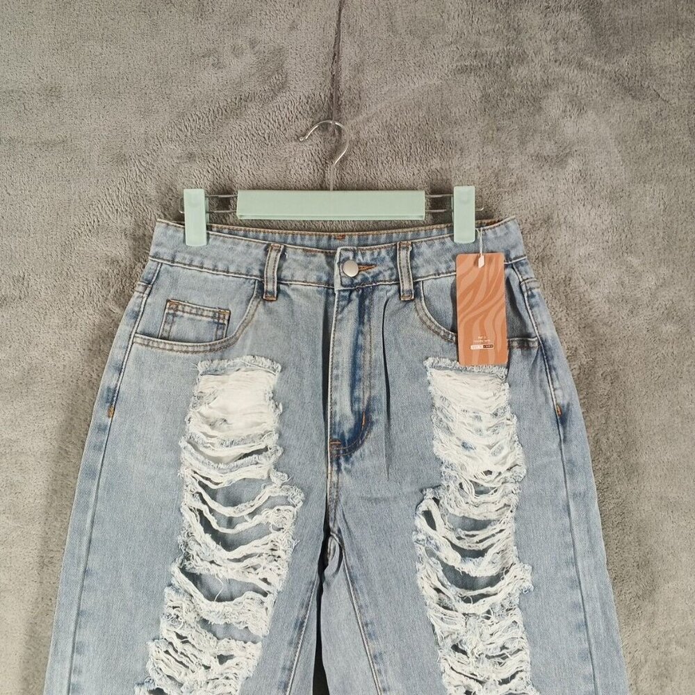 NWT SHEIN Wide Leg Hi-Rise Distressed Jeans Waist 26" Stone Wash Cotton Twill - Picture 3 of 12